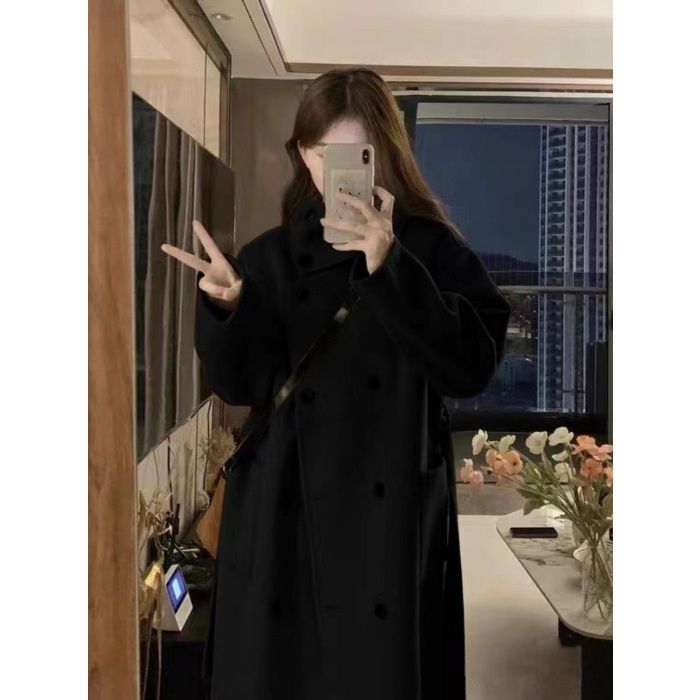 "Audrey-Inspired Wool Blend Coat – Oversized Double-Breasted Trench For Petite Frames (Dark Khaki/Black, M-2XL)"_voghion.com