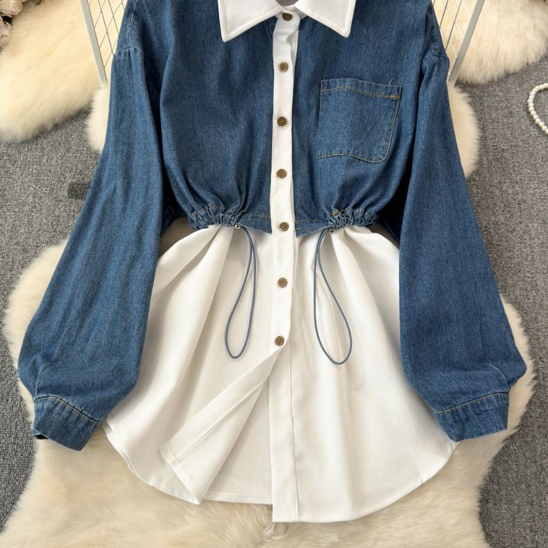 Naisten kaksiosainen pitkähihainen denim-splicing käänne vyötärönauha paita naisten rennot ulkomaiset topit_voghion.com