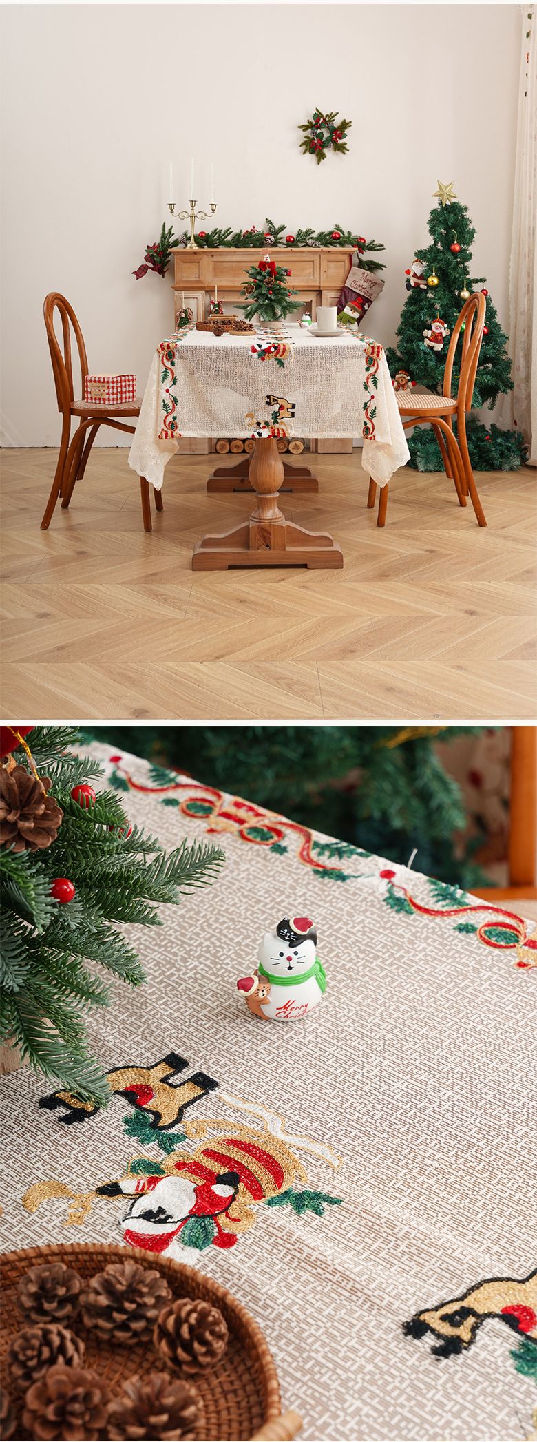 Nappe de Noël – Housse de table à manger en polyester brodée Père Noël et renne, décoration de Noël rouge classique pour tables basses et à manger_voghion.com