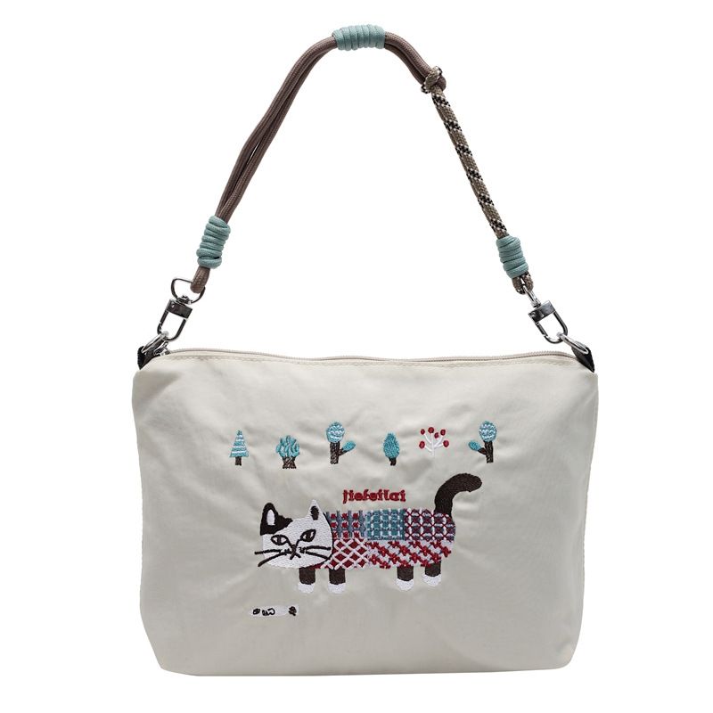 Borsa a tracolla impermeabile con ricamo a forma di gatto, grande capacità, in nylon, per la spesa, primavera ed estate, per donna_voghion.com