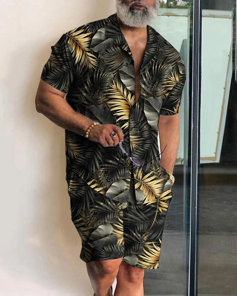 2024 Neues Freizeit-Urlaubs-Kurzarm-Shirt-Set mit orangefarbenem Blatt-Print_voghion.com