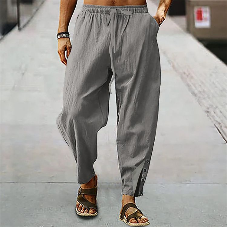 Abbigliamento da uomo Pantaloni da spiaggia comodi e traspiranti in cotone e lino con coulisse e bottoni, elastici in vita, tinta unita_voghion.com