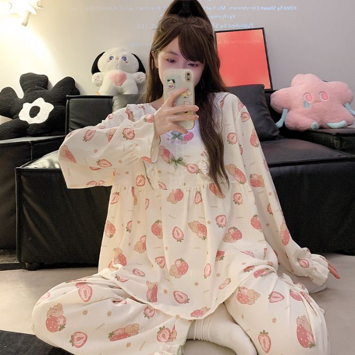 Boblebomuldspyjamas til kvinder i forår og efterår, sødt og stilfuldt Instagram-bedsteven-outfit, langærmede bukser._voghion.com