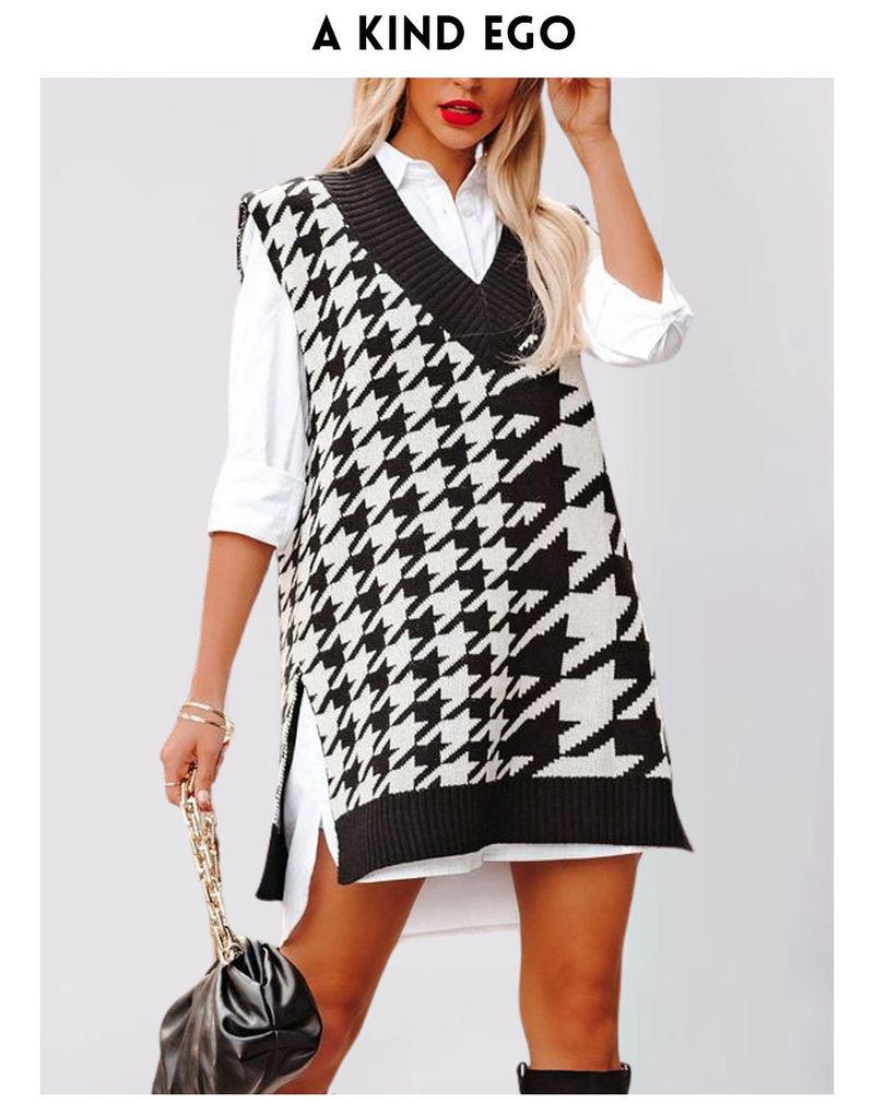 Damen Lockerer V-Ausschnitt Thousand Bird Grid Strickpullover Ärmellose Weste Weste_voghion.com