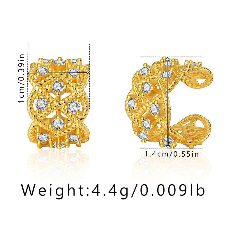 Brass Plated K Real Gold Fashionable OL Retro Bone Inlaid With Zircon Exquisite Light Ear Clip Hollow Wide Edge Design_voghion.com