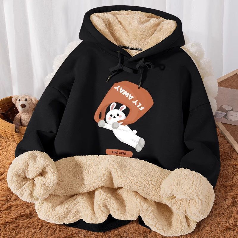 Felpa con cappuccio in lana di agnello, autunno, donna, vestibilità ampia, manica lunga, nuovo stile, pile, inverno 12_voghion.com