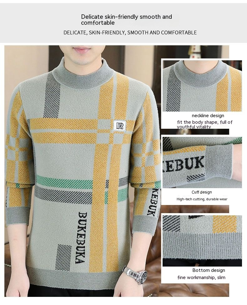 Mid neck sweater for men in autumn and winter, half high neck bottom shirt, striped jacquard high-end knitwear, new_voghion.com