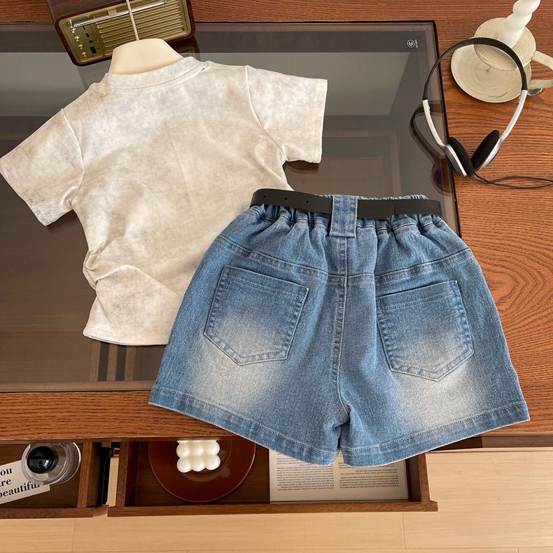 Dreidimensionaler Bogen Mädchen Kurzarm T-Shirt Anzug Neue Casual Sommer Kinder Denim Shorts Zweiteiler Anzug_voghion.com