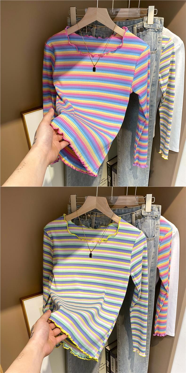 339 # Ženska črtasta majica z dolgimi rokavi iz čistega bombaža, notranja spodnja majica z majhno velikostjo, zunanja majica za zgodnjo pomlad in jesen_voghion.com