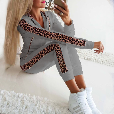 Costume deux pièces à manches longues pour femmes, imprimé léopard, sweat à capuche, fermeture éclair, pantalon, à la mode_voghion.com