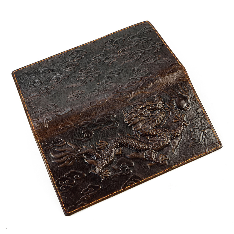 Miesten vintage-lohikäärme aitoa nahkalompakko Ruskea lehmännahkainen pitkä bifold Ketjulompakko puhelintaskulla muotipitkä_voghion.com