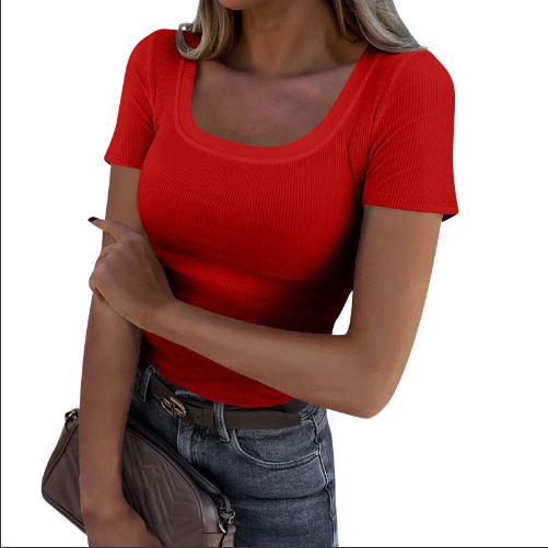 Maglietta estiva da donna a maniche corte, girocollo basso, in maglia a coste, vestibilità slim, casual_voghion.com
