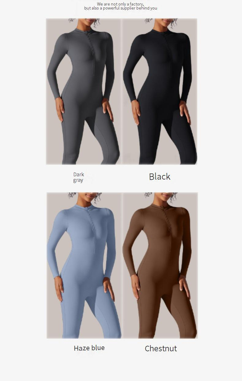 Vêtements pour femmes, fermeture éclair, nu, manches longues, yoga, une pièce, serré, sport, fitness, entraînement et danse, une pièce serrée_voghion.com
