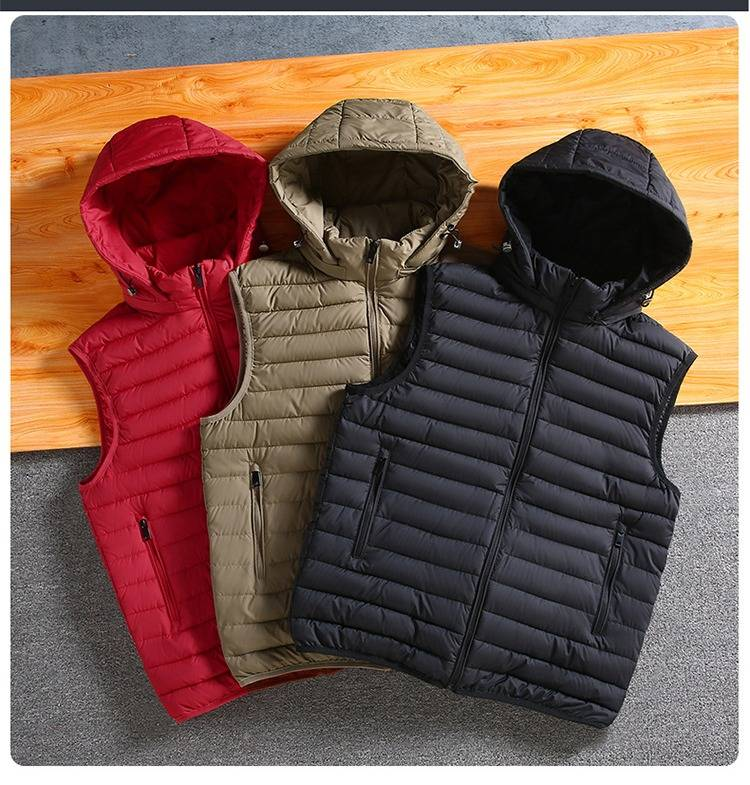 Leichte Herrenweste mit abnehmbarer Kapuze – Slim Fit Pufferjacke aus Polyester für lässige Winterkleidung (Schwarz/Rot/Khaki, L-7XL)_voghion.com