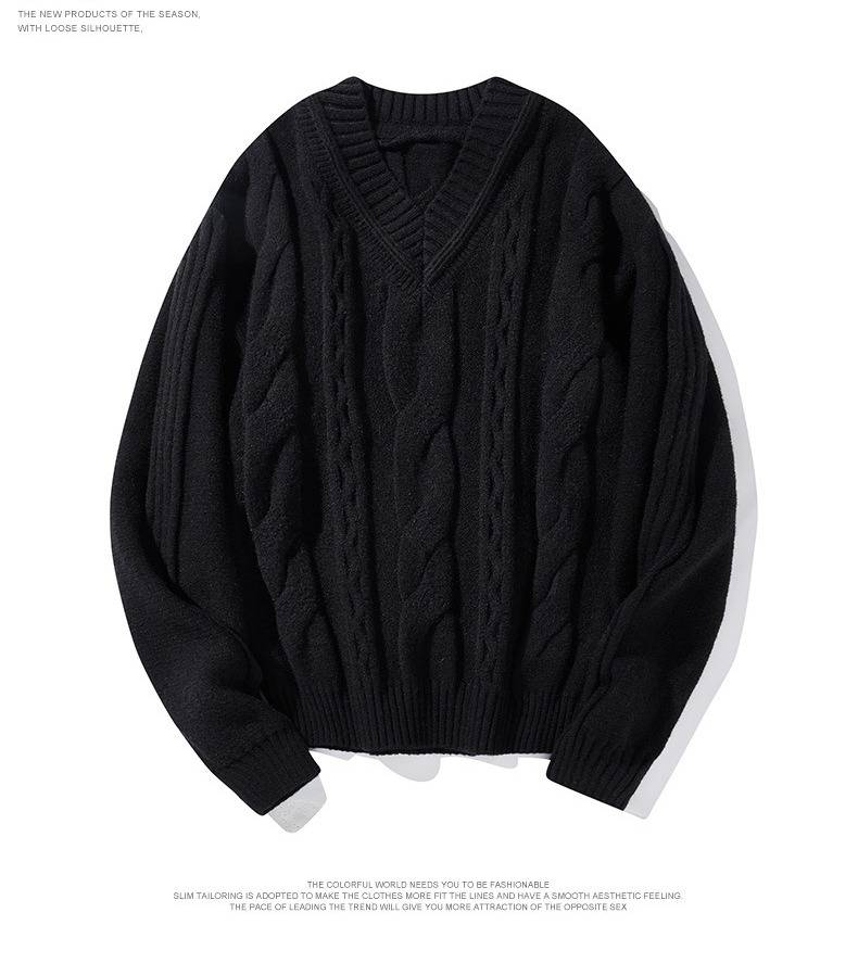 Pull en maille à col en V pour homme, motif torsadé, pull épais idéal pour un style décontracté chic et la superposition, grandes tailles disponibles._voghion.com