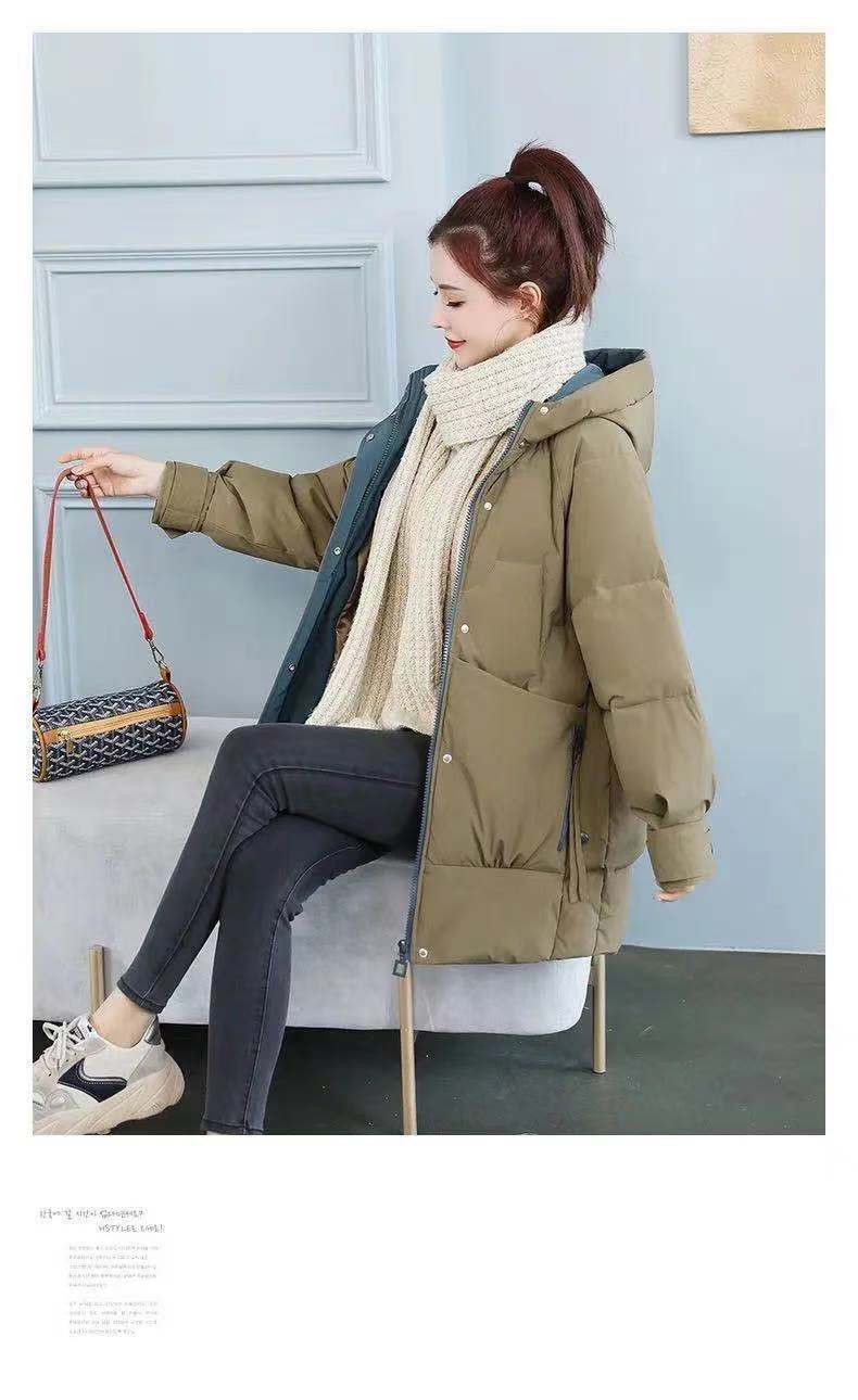 Mit Baumwolle gepolsterte mittellange koreanische Version der Parker-Studentenbrot-Daunenjacke für Damen, locker und trendig hoch_voghion.com