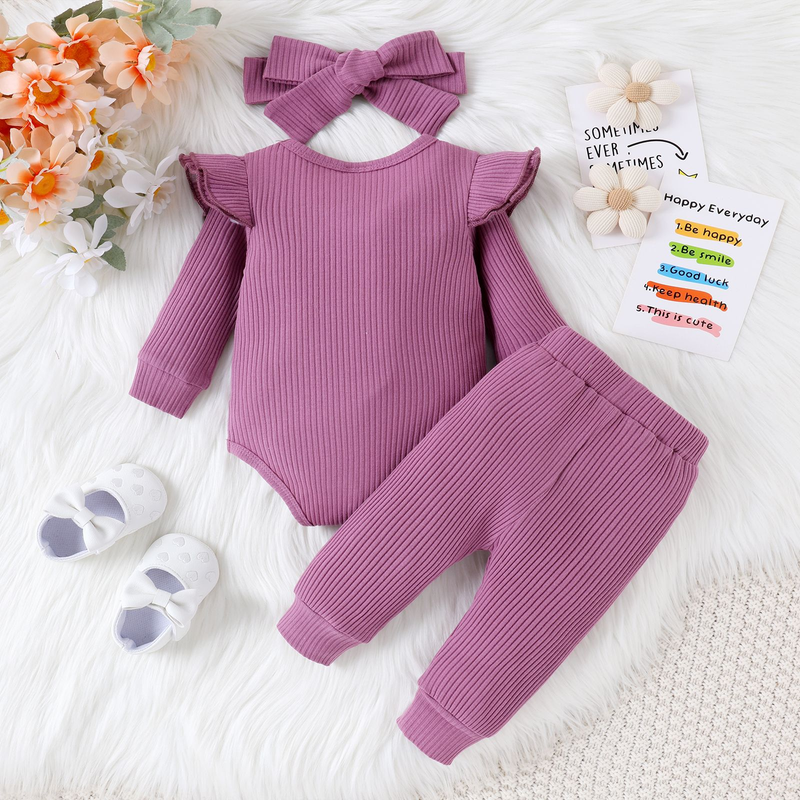 Babykleidung, einfarbig, lässig, Pit-Strip, Langarm, kleine fliegende Ärmel, einteilige Harshirt-Hose, dreiteilige Schleife, Kopftuch_voghion.com