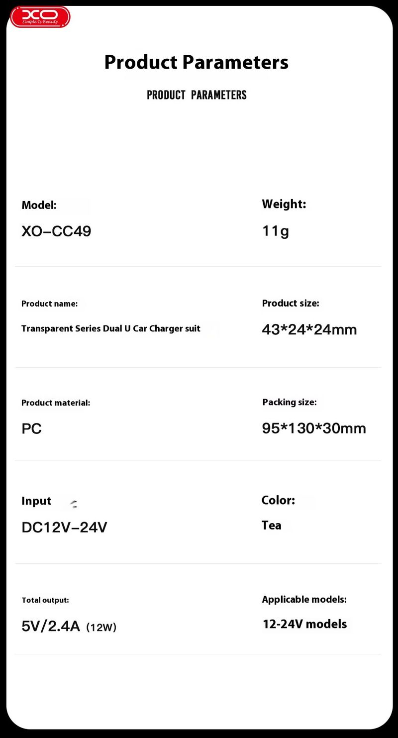 Music Festival XO-CC49 Neues transparentes USB-Autoladegerät mit zwei Anschlüssen, geeignet für schnelles Aufladen von Mobiltelefonen vom Typ C von Apple_voghion.com