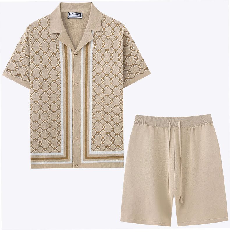 Completo da uomo in maglia Jacquard con colletto cubano e maniche corte, SY0196_voghion.com