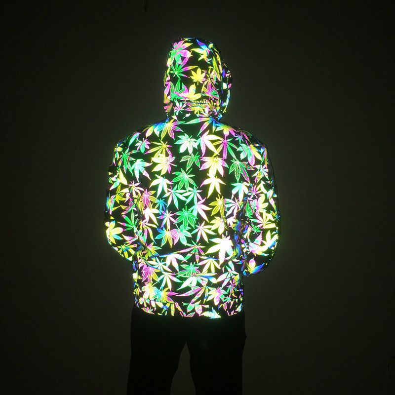 Men's Clothing Colorful leaf laser jacket men's ins trendy tops loose zipper hooded pullover reflective jacket_voghion.com