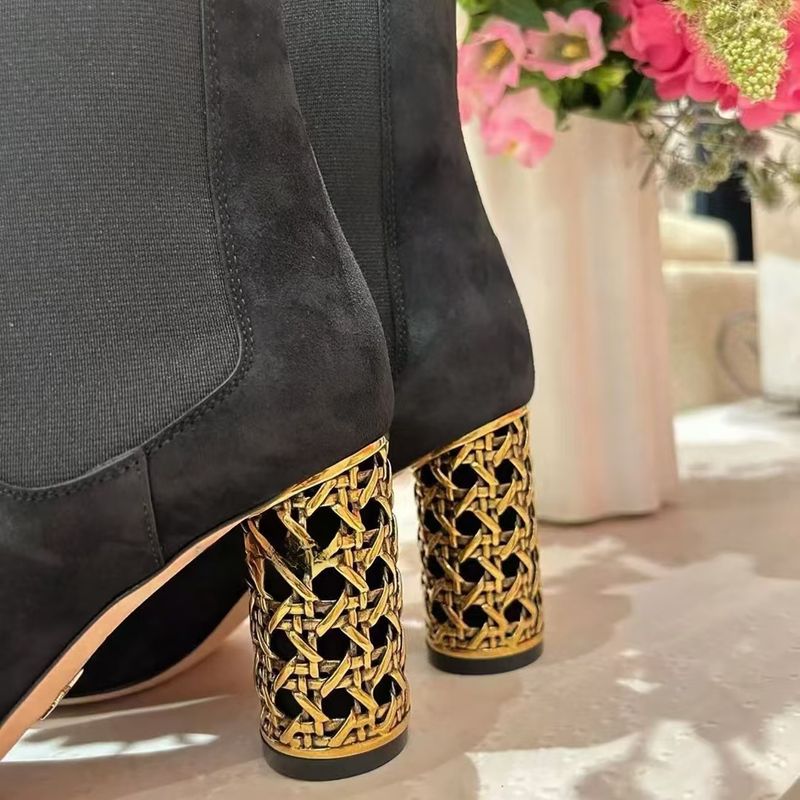 Stivali Martin alla moda corti elastici con tacco alto, rotondi, spessi, di grandi dimensioni e con punta quadrata per le donne_voghion.com