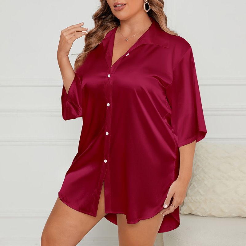 Large Size Ice Silk Nightdress Women's Loose Short Sleeve Shirt Skirt Loungewear Women's_voghion.com