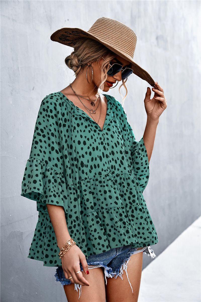 Nueva camiseta holgada de muñeca con lunares y cuello en V con cordones para primavera/verano 2023_voghion.com