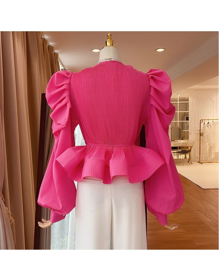 Women's Clothing Retro puff sleeve v neck shirt for women autumn design three dimensional ruffled lace up waist pleated short sleeved top_voghion.com