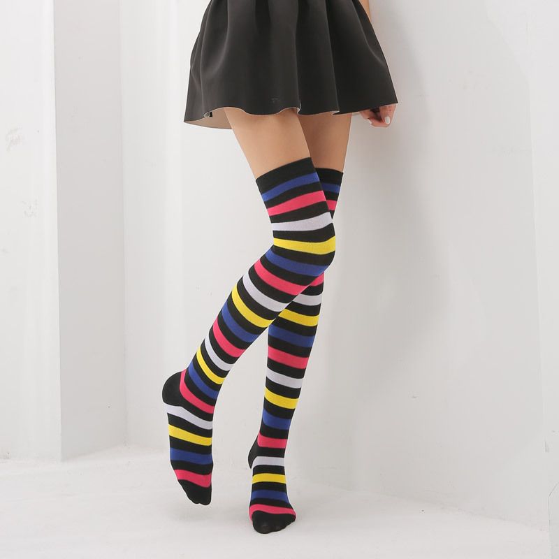 Red Colorful Rainbow Striped Over-the-Knee Socks Extra Long Style_voghion.com