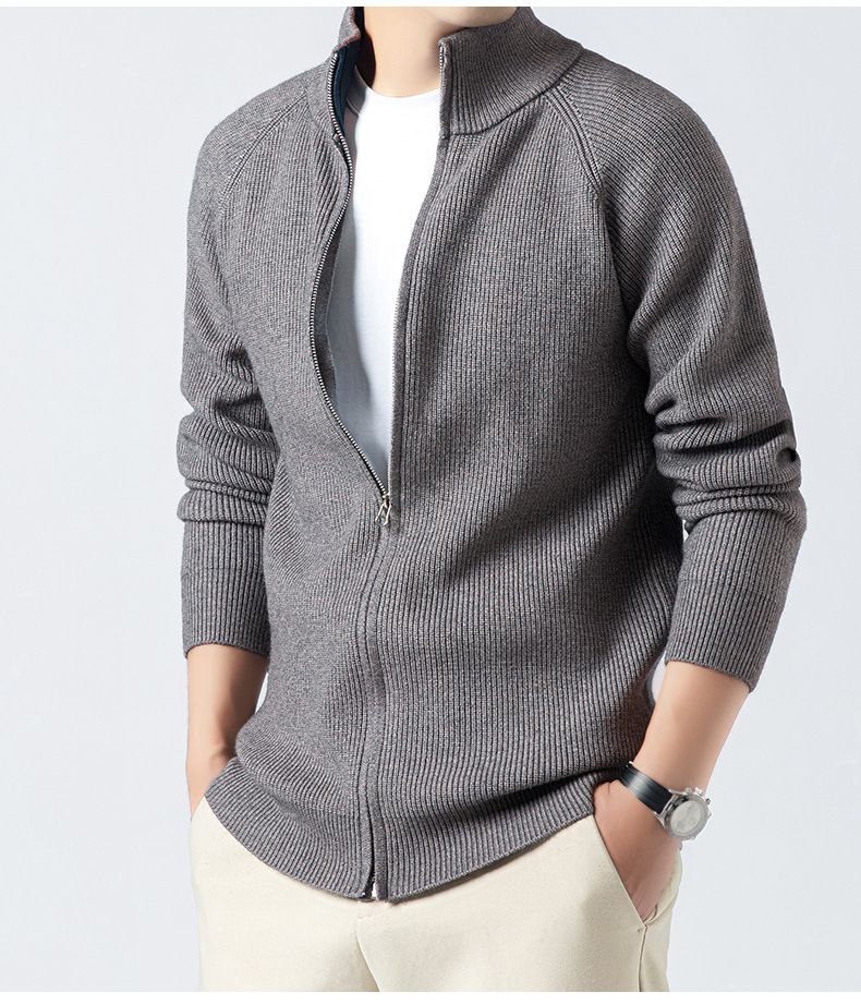 "Men's Textured Knit Cardigan – Stand Collar Drop Shoulder Sweater (Brown/Grey/Black/Navy, Sizes M-XXXL)"_voghion.com