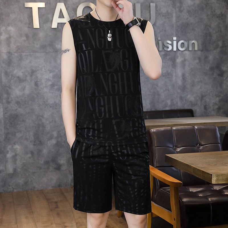 Set di pantaloncini da uomo in seta ghiacciata sottile, senza maniche, estivo, due pezzi, casual e alla moda, in cotone_voghion.com