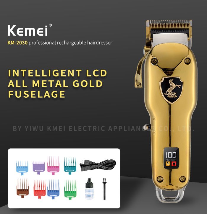 Kemei KM-2030 Gold Profession Tondeuse électrique métallique LCD sans fil rechargeable USB Tondeuse à cheveux_voghion.com