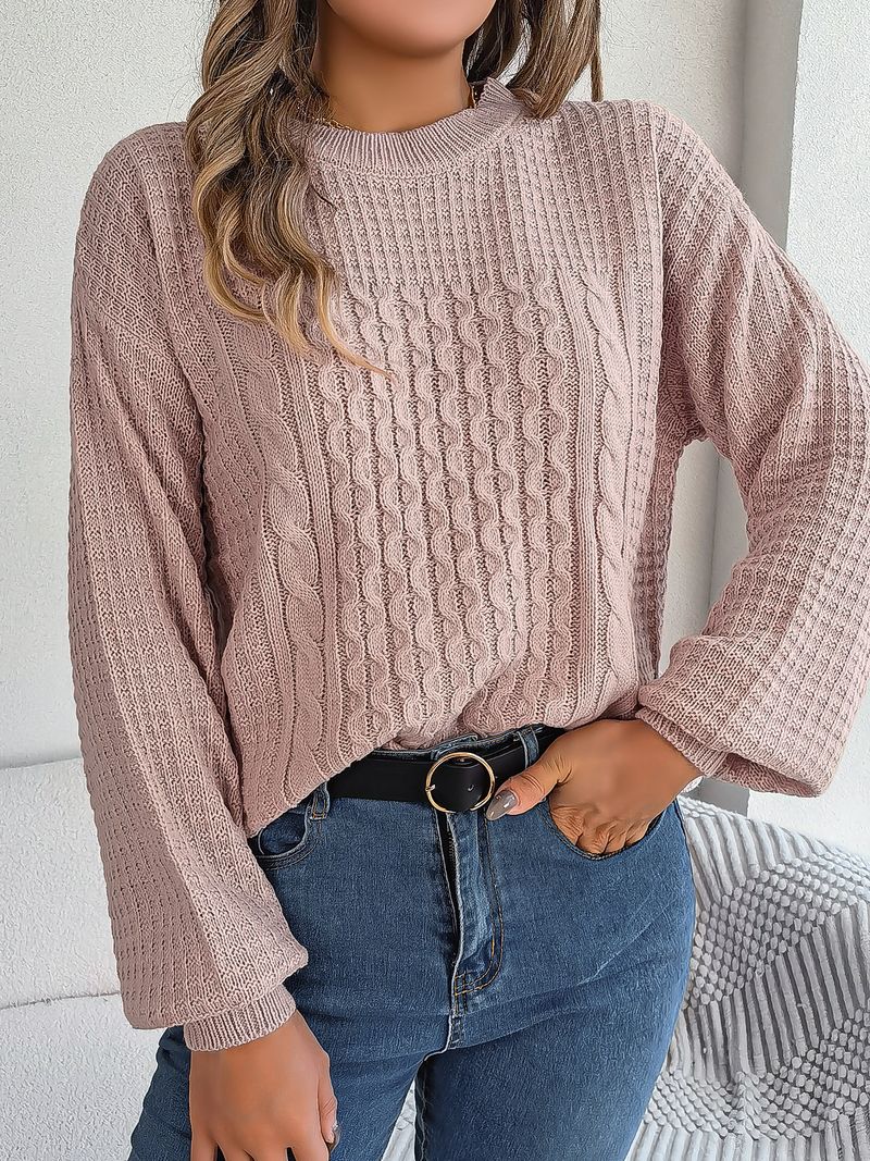 Maglione pullover casual con maniche a lanterna intrecciate, tinta unita, autunno e inverno 2023, moda donna_voghion.com