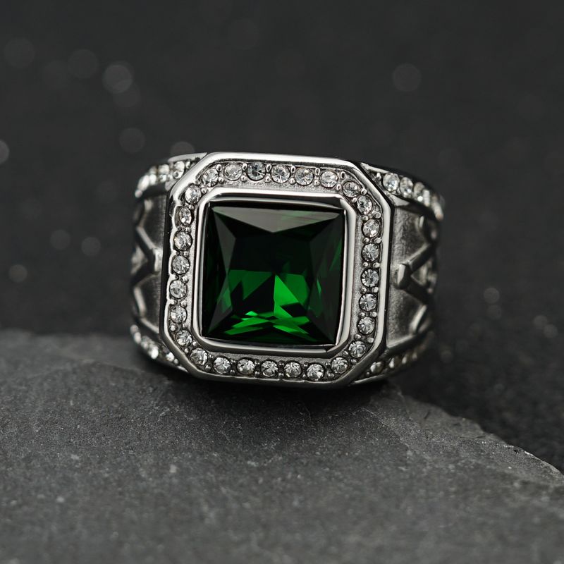 Bague maçonnique rétro AG en acier titane/acier inoxydable 316 incrustée de pierres précieuses colorées_voghion.com
