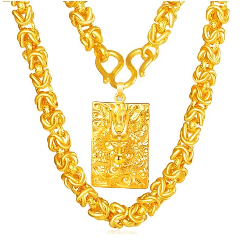 Yellow Gold Color Square 3d Dragon Shape Pendant Necklace for Women Men Gold Necklaces Fine s_voghion.com