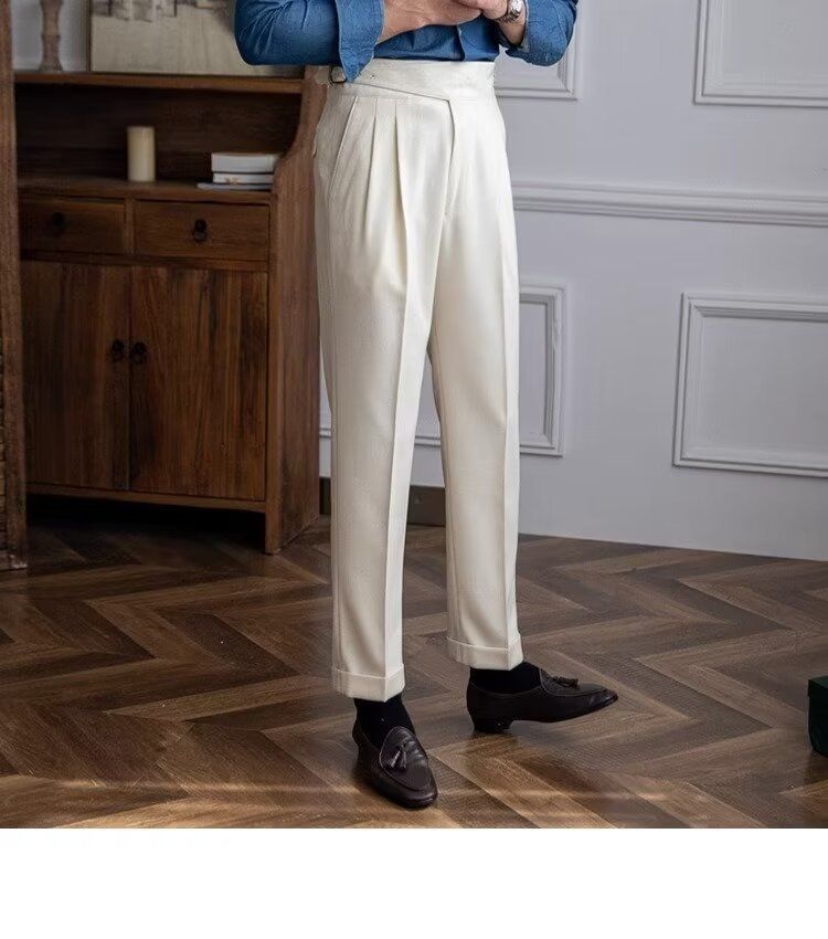 Herrenbekleidung Lässige Anzughose mit hoher Taille Herren Herbst Paris Schnalle Business Drape Gerade Hose Naples Retro Drape Anzughose_voghion.com