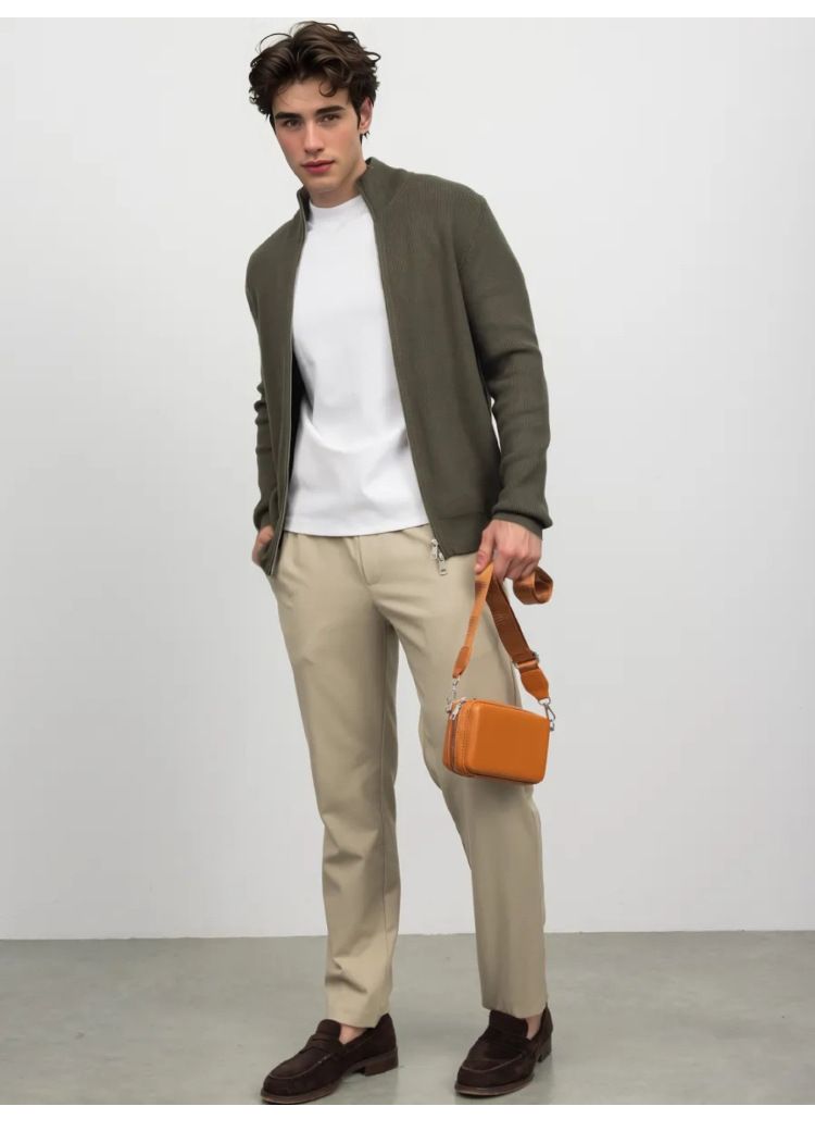 Roupas Masculinas Cardigã Masculino Slim Fit com Zíper - Suéter Casual Pulôver com Gola Alta e Zíperes Duplos (Cinza, Verde, Bege, Preto)_voghion.com