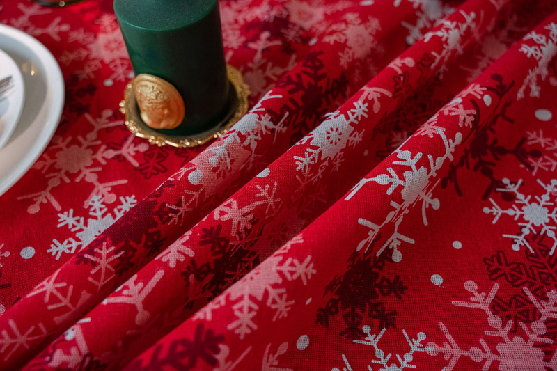 Tischdecke mit rotem Schneeflocken-Druck, Weihnachtstags-Dinner-Tischdecke, amerikanische Stoffkunst, rechteckig_voghion.com