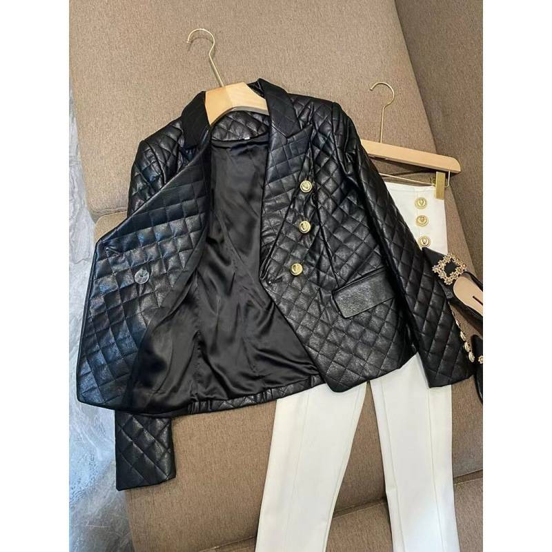 Abbigliamento da donna Giacca in pelle nera con spalline corte e piccola giacca casual da completo da donna Giacca in pelle PU da donna_voghion.com