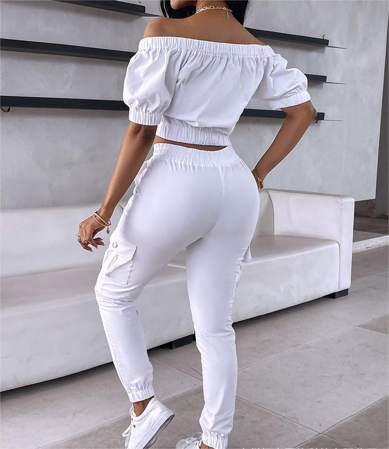 Women's Clothing Solid Color One Shoulder Raglan Short Sleeved Patch Pocket Top Casual Cuffed Trousers Set_voghion.com