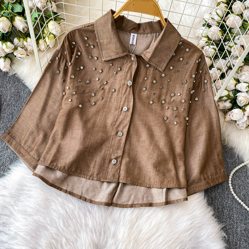 Luxe blouse met versieringen voor dames, statement revers, top met halflange mouwen, 8 levendige kleuren (zwart/groen/rood/meer) voor op kantoor en een avondje uit_voghion.com