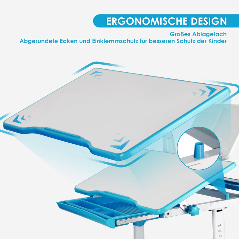 Verstellbares Schreibtisch- und Stuhlset für Kinder – Ergonomischer Schreibtisch mit neigbarer Tischplatte, Aufbewahrungsschublade und höhenverstellbarem Stuhl für Kinder (Rosa und Blau)_voghion.com