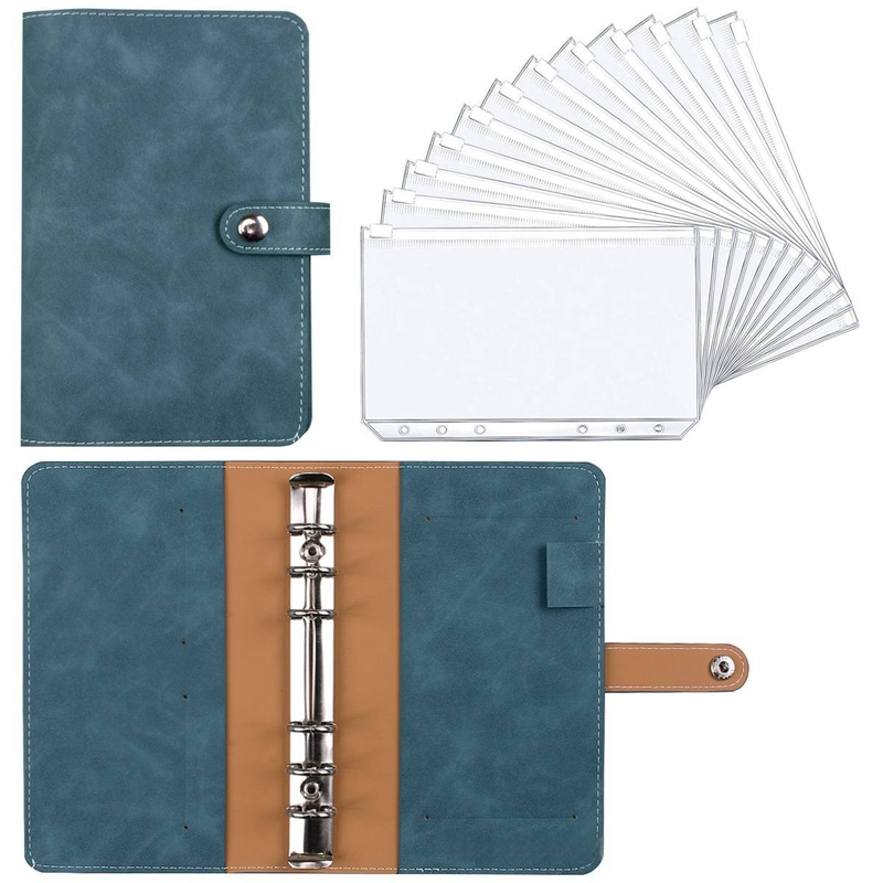 Caderno A6 de couro PU com mecanismo de 6 argolas, inclui 12 bolsos com zíper e 16 adesivos – perfeito para orçamento, diário e organização_voghion.com