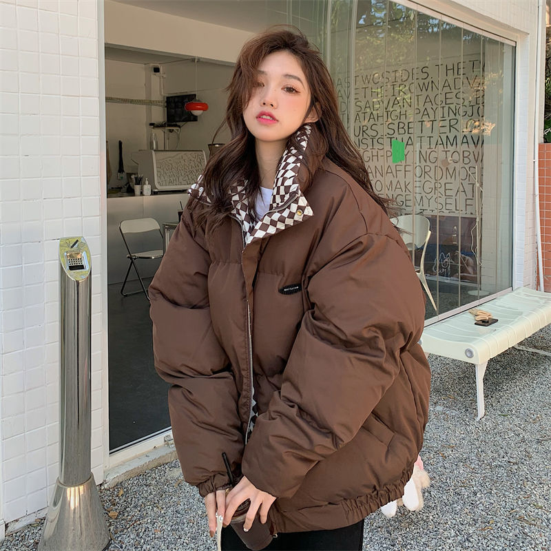 Women’s Oversized Checkerboard Puffer Jacket – Thick Cotton Quilted Coat With Stand Collar (Black, Coffee, S-XXL)_voghion.com