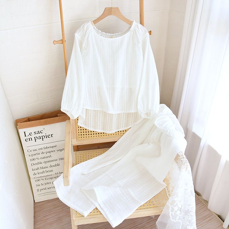 Ensemble de pyjama minimaliste en coton - Style coréen à manches courtes avec broderies, vêtements de nuit respirants pour femmes_voghion.com