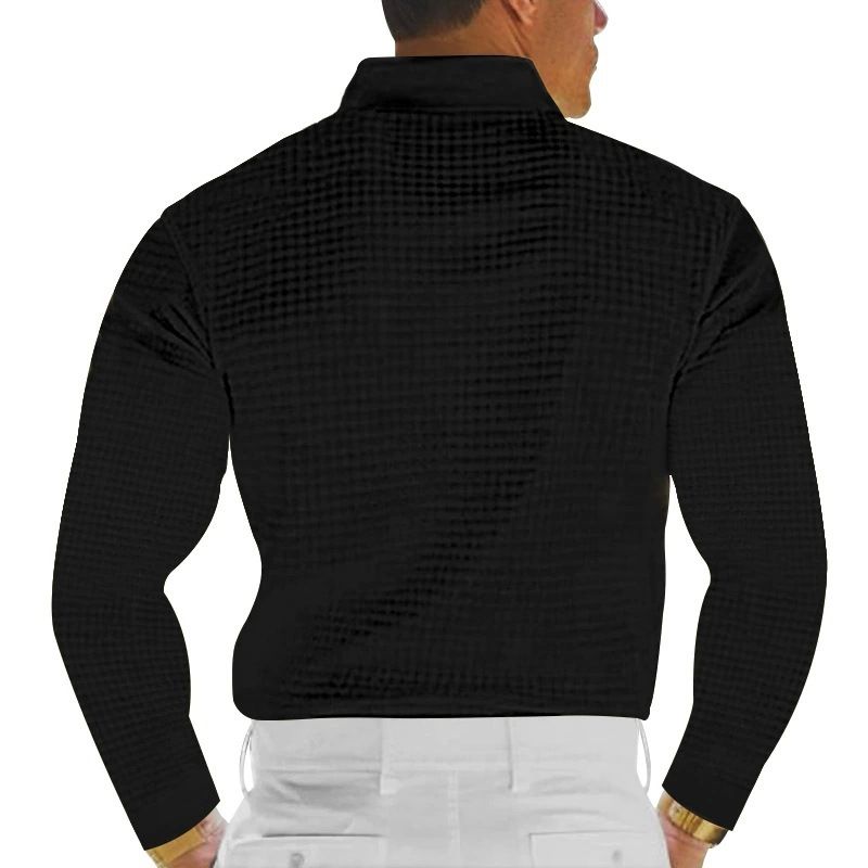 Herren-Poloshirt mit Waffelstrick und langen Ärmeln und Button-Down-Kragen – bequemes und stylisches Freizeit-T-Shirt für den Alltag_voghion.com