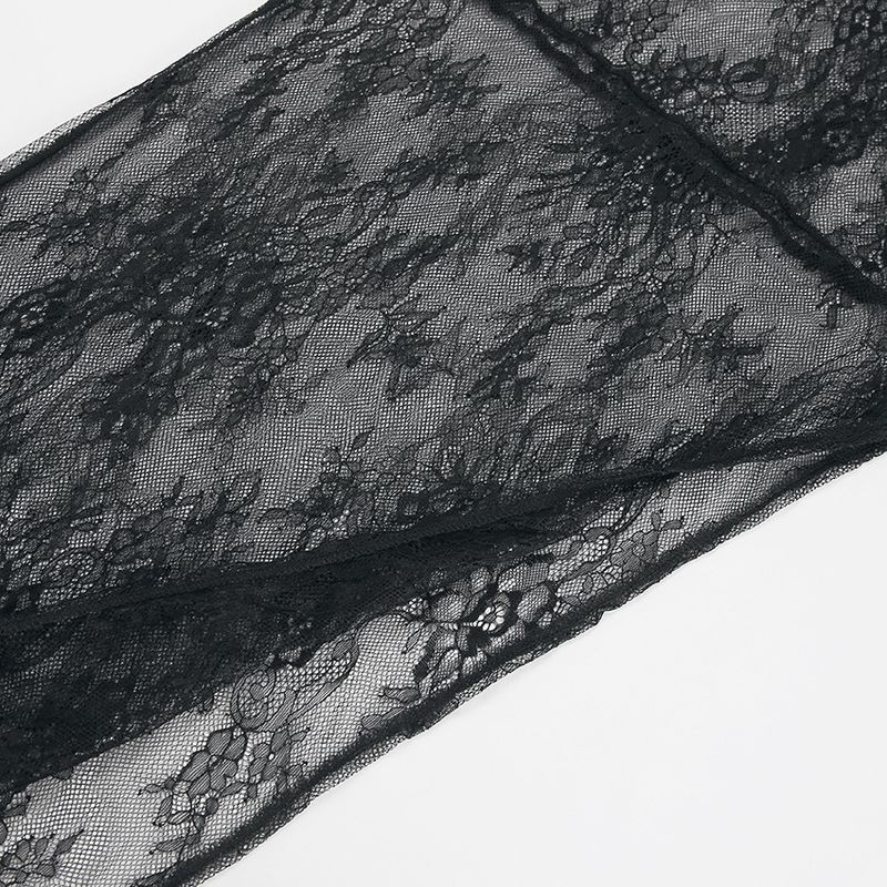 Damenbekleidung Sexy schwarzes durchsichtiges Kleid mit Spitze, Rundhalsausschnitt, langen Ärmeln und Schlitz, asymmetrisches Kleid, langes Kleid für den Sommer_voghion.com