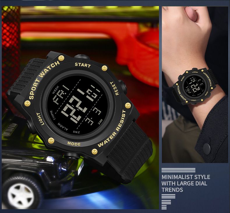Montre de sport numérique multifonction, étanche, rétroéclairage LED, alarme et chronomètre, design unisexe pour un usage quotidien. Montre électronique étanche._voghion.com