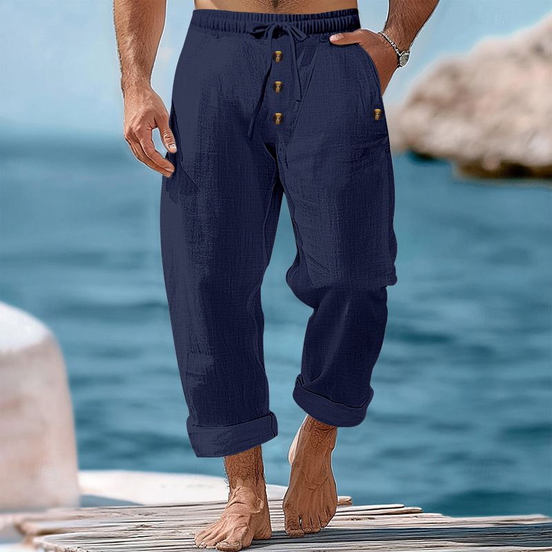 Spring And Autumn American Beach Solid Color Cotton Linen Loose Drawstring Button Casual Pants For Men_voghion.com
