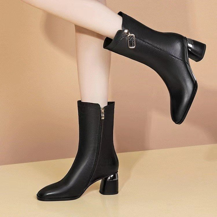 Bottes Martin vintage marron en cuir veet pour femme, talons hauts, mi-mollet, style britannique, nouvelle collection automne/hiver 2023_voghion.com